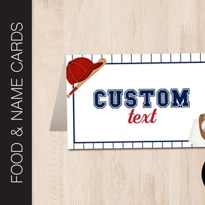 Etiquetas editables para comida de fiesta de béisbol / Carteles para comida de fiesta / Buffet de fiesta / Tarjeta de lugar / Tarjeta de nombre / Corjl B265 plano y plegado