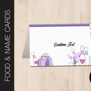 Etiquetas editables para comida de fiesta BOWLING / Carteles para comida de fiesta / Buffet de fiesta / Tarjeta de lugar / Tarjeta de nombre / Corjl B056 plano y plegado