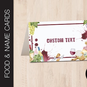 Etiquetas editables para comida de fiesta de VINO y QUESO / Carteles para comida de fiesta / Buffet de fiesta / Tarjeta de lugar / Tarjeta de nombre / Corjl T055 plano y doblado