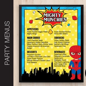 Menu de festa de aniversário de super-herói editável | Menu de comida | Placa de bebida | Festa de aniversário infantil | Lista de comida e bebida | PDF ou JPG Corjl B135