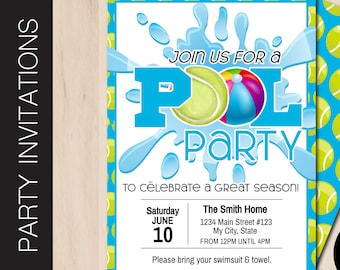 May include: Pool party invitation with a blue and white background featuring a cartoon pool, a beach ball, and tennis balls. The text reads "Join us for a Pool Party to celebrate a great season!" with the date and time of the party listed below. The invitation also includes the address of the party and a note to bring a swimsuit and towel. The bottom right corner of the invitation has a black circle with the text "Personalize with Corjl" in white.