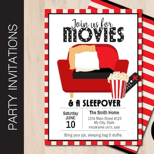 Editable MOVIE SLEEPOVER Invitation | Movie Night | Sleepover Invite | Popcorn | Cinema | Print or Email Corjl Template 0110