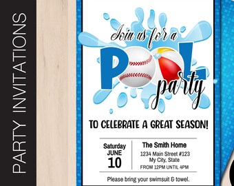 Editable BASEBALL Themed Pool Party Invitation | Baseball Party Invite | Pool Party | Baseball Team Party | Print or Email Corjl S111A