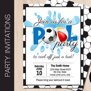 Invitación editable para fiesta en la piscina con temática de fútbol / Invitación para fiesta de fútbol / Fiesta en la piscina / Fiesta del equipo de fútbol / Imprimir o enviar por correo electrónico Corjl S111D