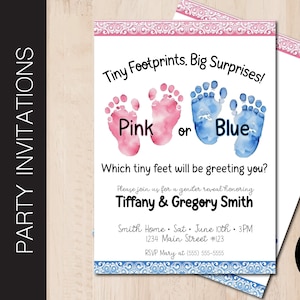 Editable Baby Footprints GENDER REVEAL Party Invitation | Reveal Party | Boy or Girl | Pink or Blue | Surprise | Print or Email Corjl 0223