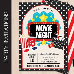 Editable MOVIE NIGHT Invitation | Outdoor Movie | Sleepover Invite | Popcorn Cinema Digital | Print or Email Corjl Template 0107