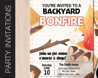 Editable BACKYARD BONFIRE Party Invitation | Smores Party | Smores Night Invite | Marshmallow Roast | Bonfire | Print or Email Corjl 0088