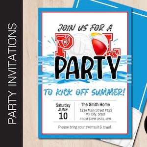 Editable VOLLEYBALL Themed Pool Party Invitation | Volleyball Party Invite | Pool Party | Volleyball Team Party | Print or Email Corjl S111G