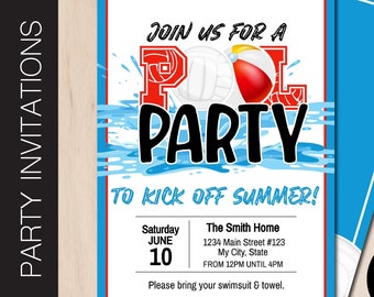 Editable VOLLEYBALL Themed Pool Party Invitation | Volleyball Party Invite | Pool Party | Volleyball Team Party | Print or Email Corjl S111G