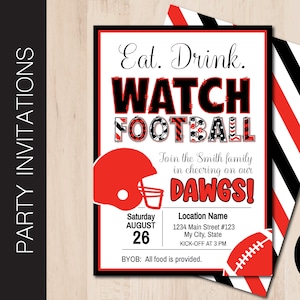 Editable FOOTBALL WATCH Party Invitation | Bulldog Red & Arch Black | Game Day | College Party Invite | Print or Email Corjl 0121