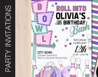 Editable BOWLING Party Invitation | Birthday Celebration Invite | Bowling Night Out | Print or Email Corjl Template B056