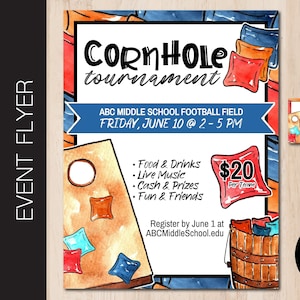 Bearbeitbarer Corn Hole Turnierflieger | Kundenspezifische Cornhole Ereignis-Einladung | Corn Hole Aktion | 8,5x11 PDF oder JPG Corjl 0045