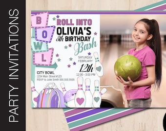 Editable BOWLING Party Photo Invitation | Birthday Celebration Photo Invite | Bowling Night | Print or Email Corjl Template B056