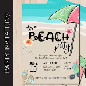 Invitación editable para fiesta en la playa, fogata, diversión de verano, celebración en la playa, invitación a fiesta, plantilla Corjl para imprimir o enviar por correo electrónico 0092