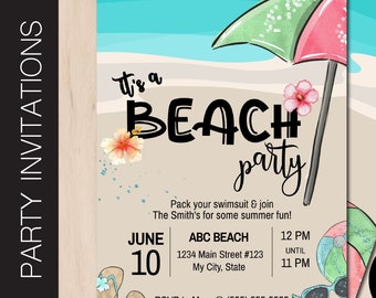 May include: A beach party invitation with a colorful umbrella, flip flops, and a beach ball. The invitation says "It's a Beach Party" and includes the date, time, and location of the party. RSVP to Mary at (555) 555-5555.