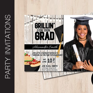 Editable GRILL for GRAD Party Invitation | Graduation Barbecue | BBQ Invite | 7 Cap Color | Print or Email Corjl Template G060