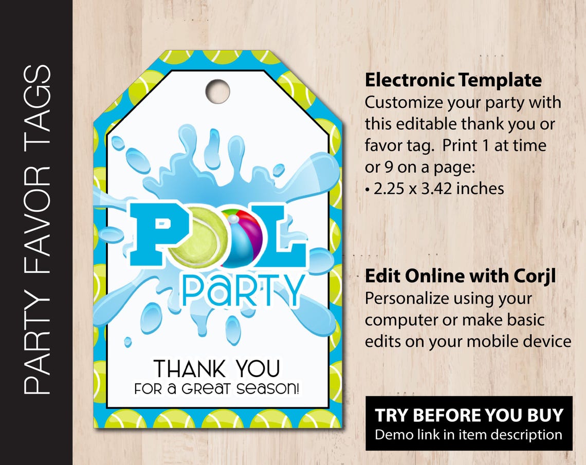 Printable TENNIS POOL Party Favor Tags | Party Gift Tag | Goodie Bag ...