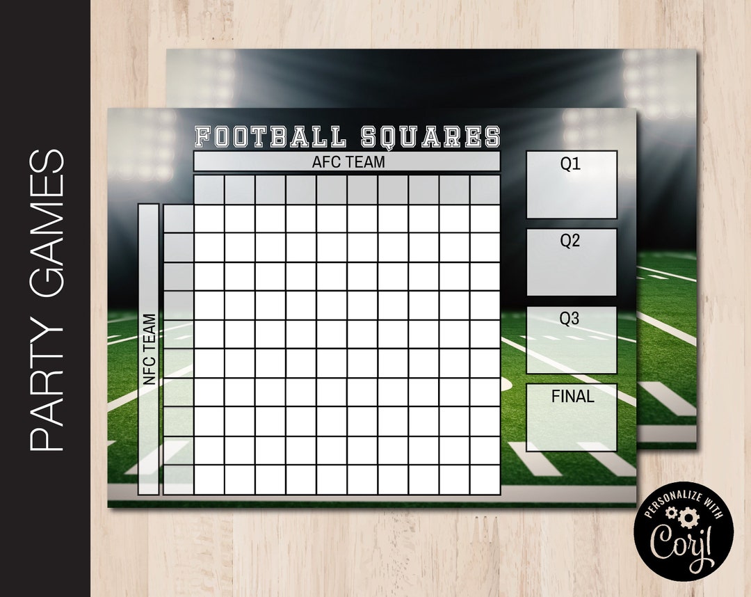 Printable FOOTBALL Squares Football Boxes Game 8 X 10 Inch 100