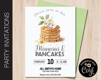 Editable MIMOSAS and PANCAKES Invitation | Breakfast Party | Birthday | Mothers Day | Mom Day Out | Print or Email Corjl Template 0062
