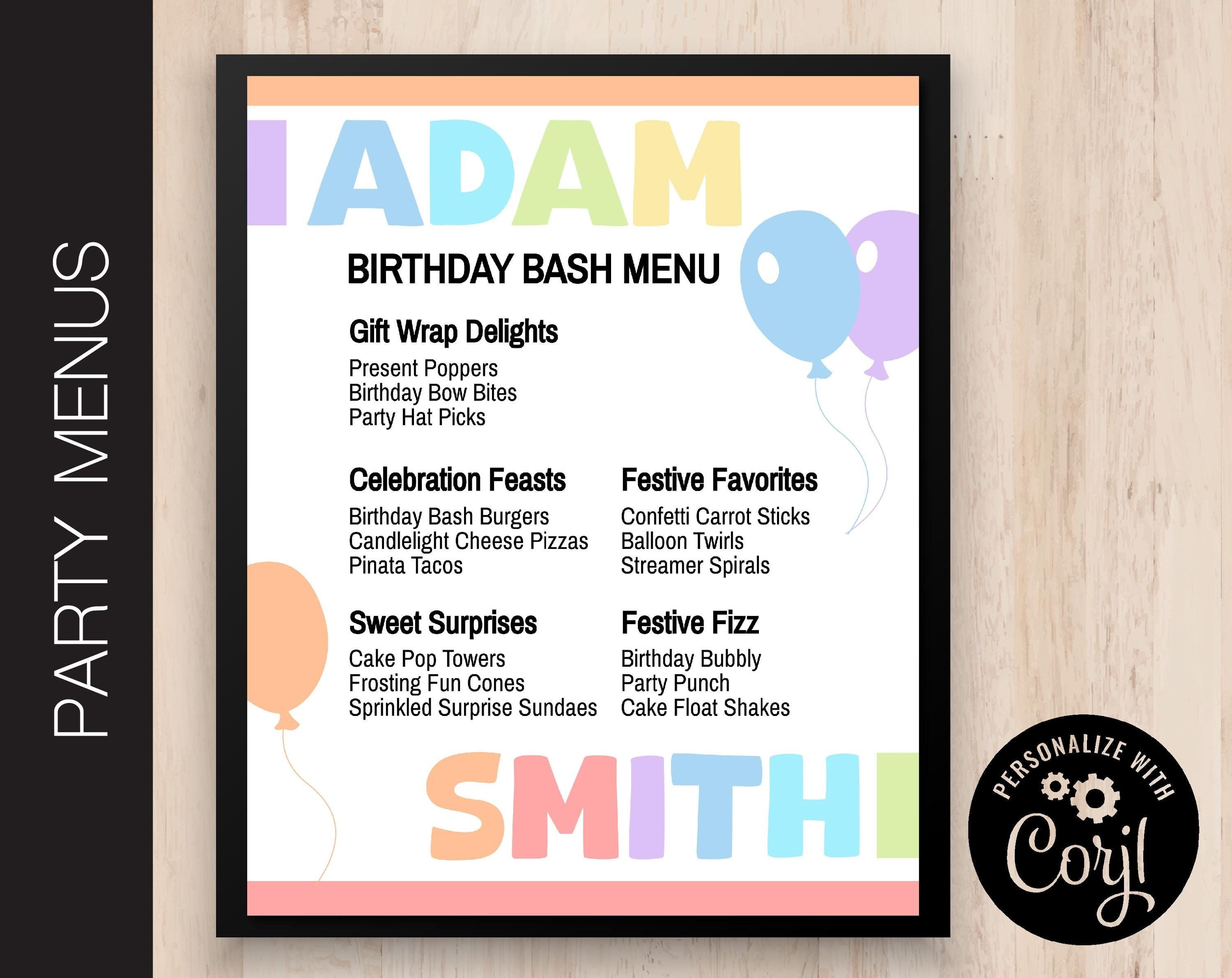 Editable Birthday Party Menu | Food Menu | Drink Sign | Concessions ...