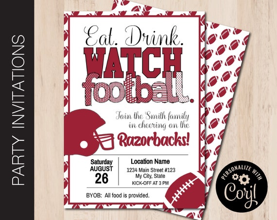 Editable FOOTBALL WATCH Party Invitation | Red & Black Colors | Game Day | College Party Invite | Print or Email Corjl 0121