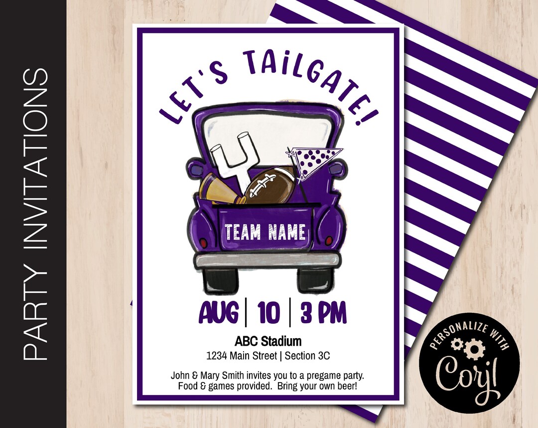 Editable TAILGATE Party Invitation Game Day Football Invite Purple