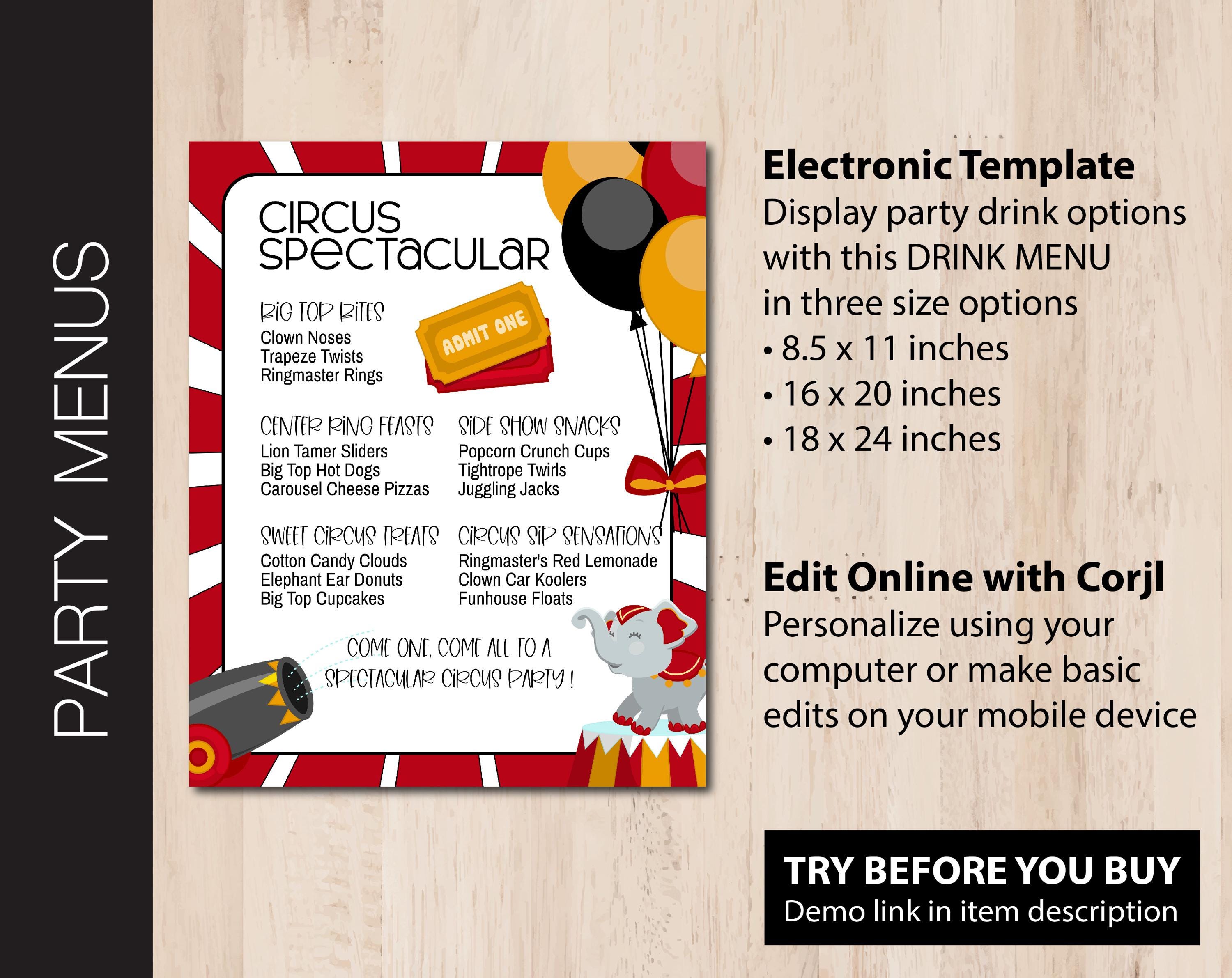 Editable CIRCUS Party Menu | Food Menu | Drink Sign | Concessions | Kid ...