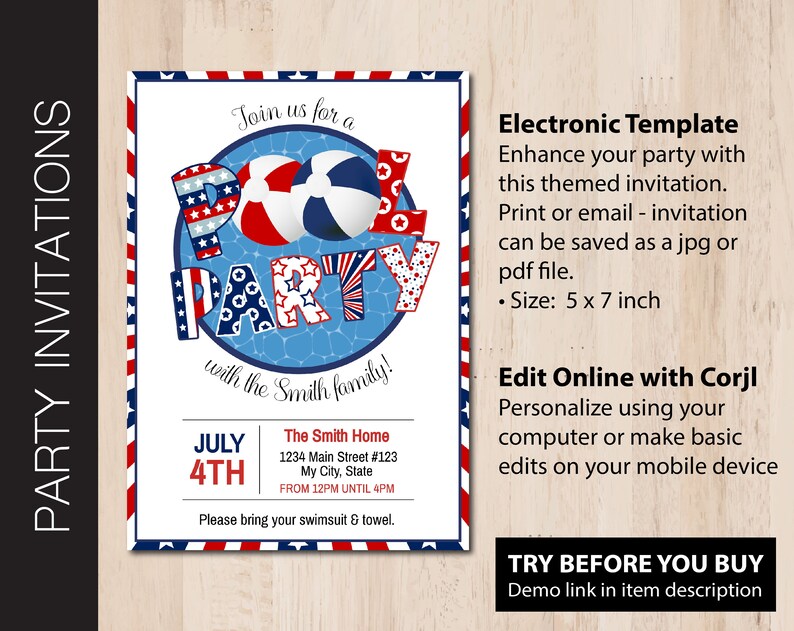 Editable PATRIOTIC POOL Party Invitation | July 4th | Memorial Day ...