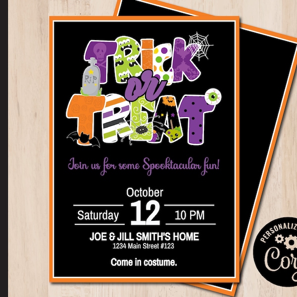 Editable TRICK OR TREAT Halloween Party Invitation | Halloween Party Invite | Print or Email Corjl Template 0126