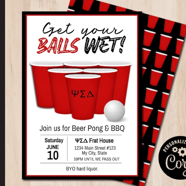Editable BEER PONG BBQ Party Invitation | Fraternity  Party | Men Birthday Party | Get Your Balls Wet | Print or Email Corjl Template 0128