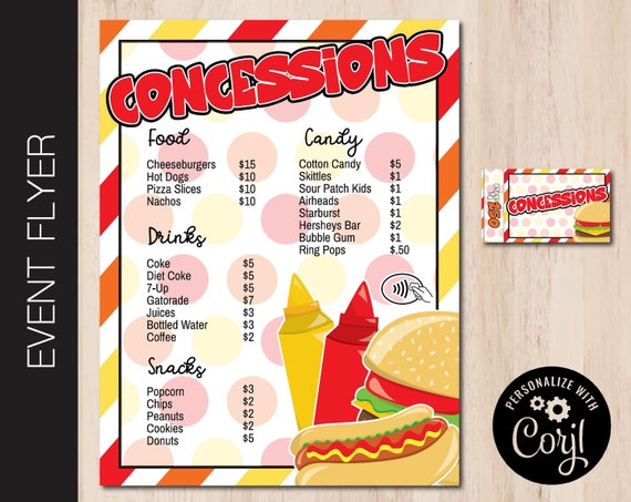 Editable Concessions Stand Flyer | Snack Menu | Street Food | School Food Stand | Price List | Fundraiser | 3 Sizes PDF or JPG Corjl 0056