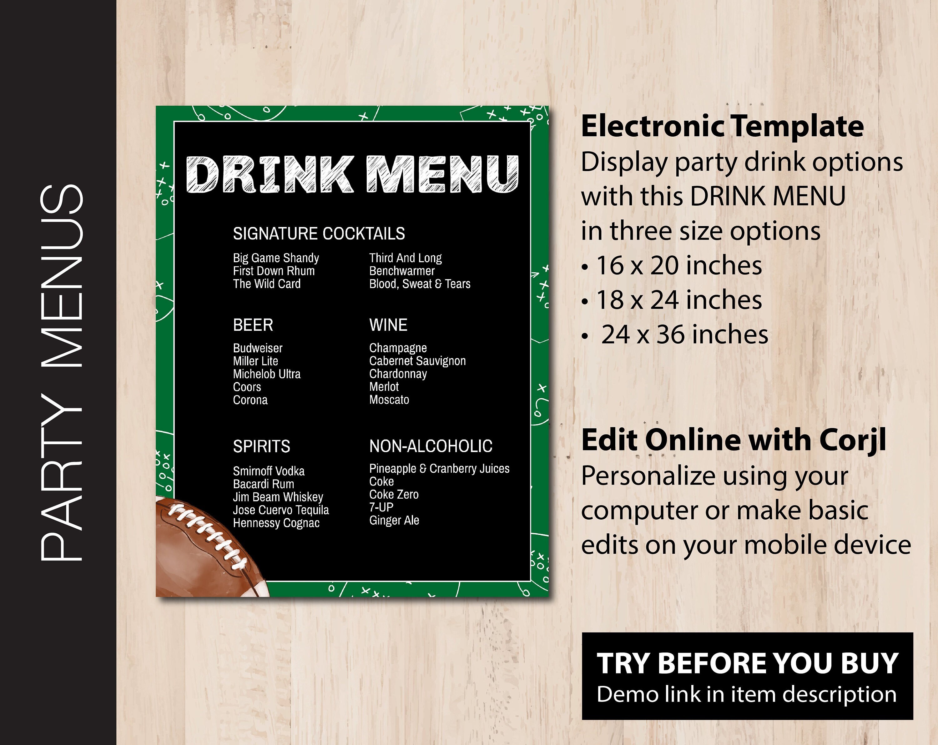 Editable FOOTBALL Party Bar Menu | Game Day Drink Sign | Big Game ...