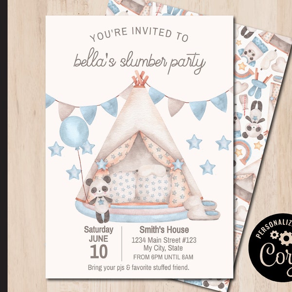 Editable SLUMBER Party Invitation | Sleep Over Invite | PJ Party | Pajama Party | Print or Email Corjl Template 0079