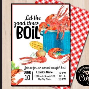 Editable CRAWFISH BOIL Party Invitation | Crawdad | Let the Good Times Boil | Seafood | Low Country | Print or Email Corjl Template 0099