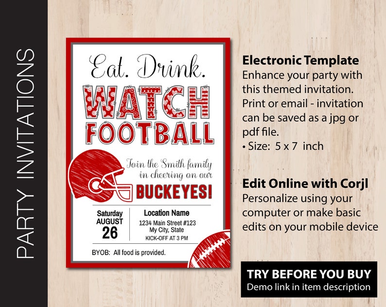Editable FOOTBALL WATCH Party Invitation Scarlet &amp; Gray Colors Game Day ...