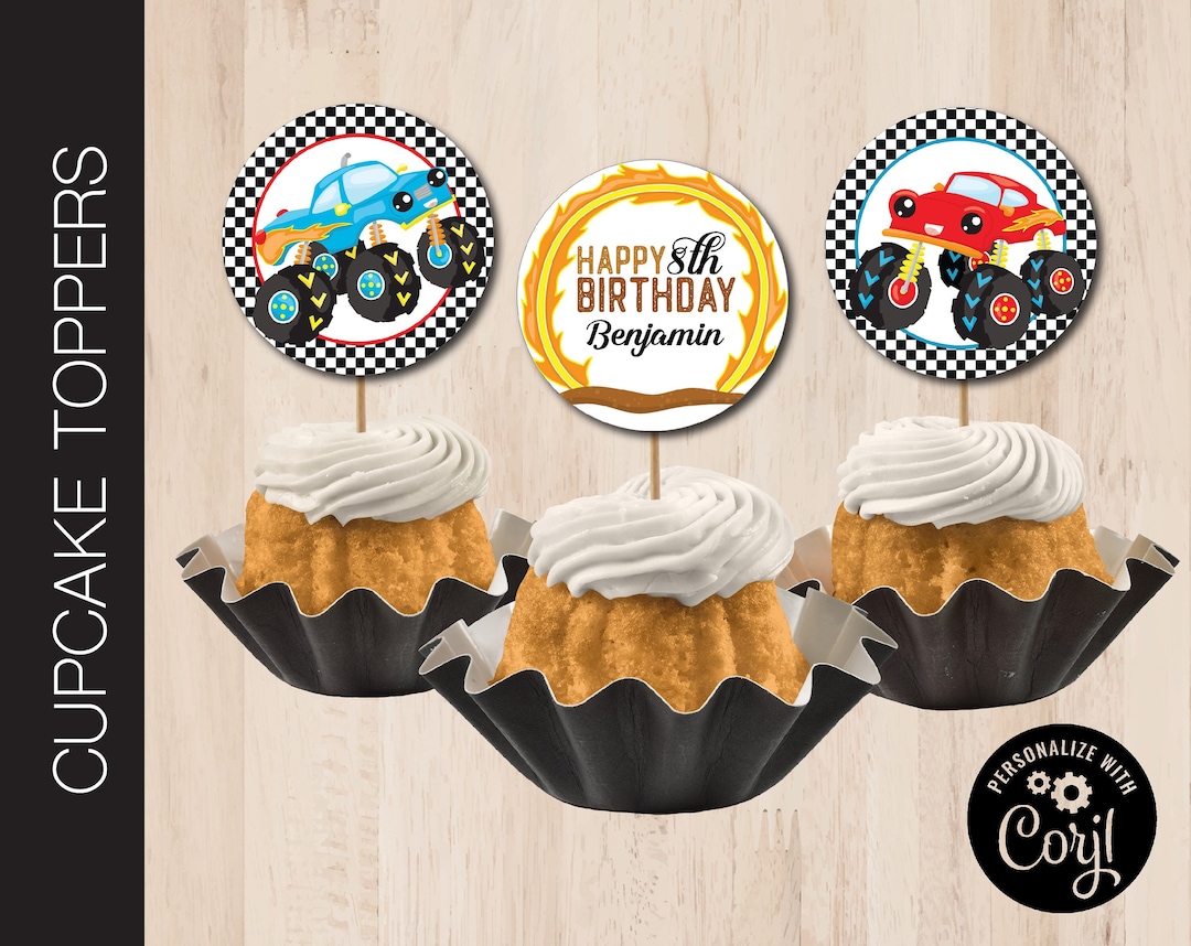 Editable MONSTER TRUCK Party Cupcake Topper Birthday 2.5-inch Cutouts ...