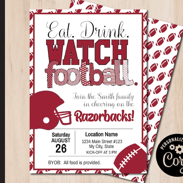 Editable FOOTBALL WATCH Party Invitation | Red & Black Colors | Game Day | College Party Invite | Print or Email Corjl 0121