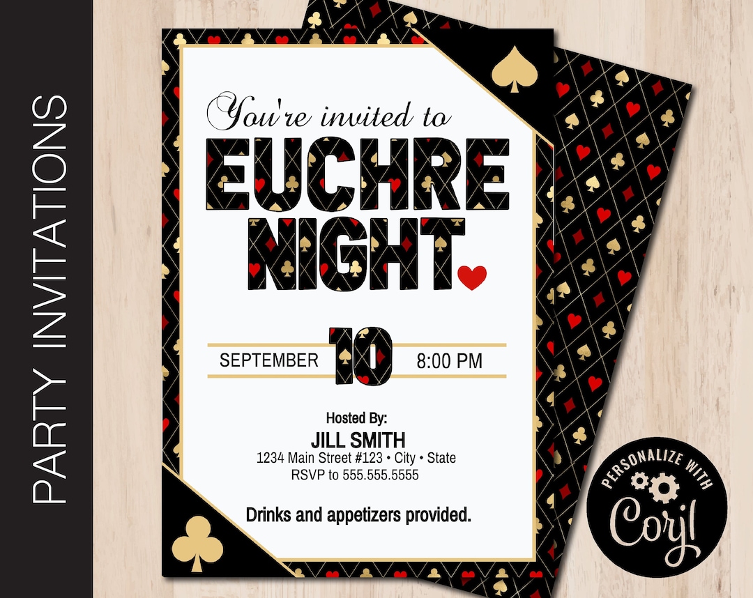 Editable EUCHRE NIGHT Party Invitation Euchre Party Card Night Casino