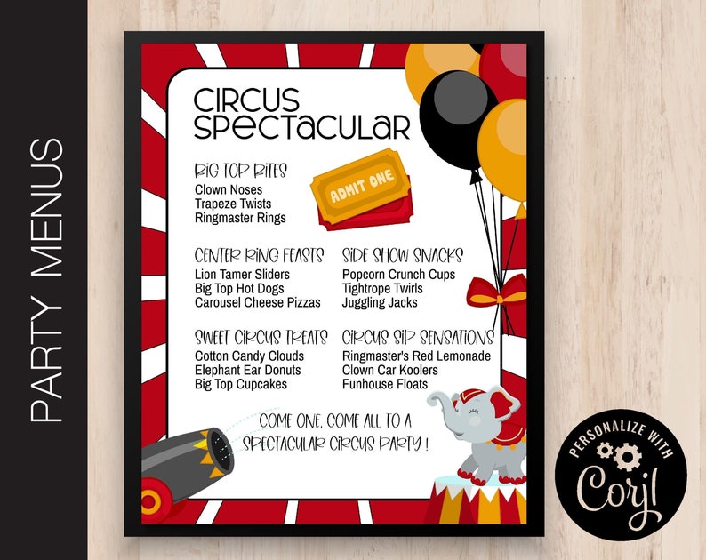 Editable CIRCUS Party Menu | Food Menu | Drink Sign | Concessions | Kid ...
