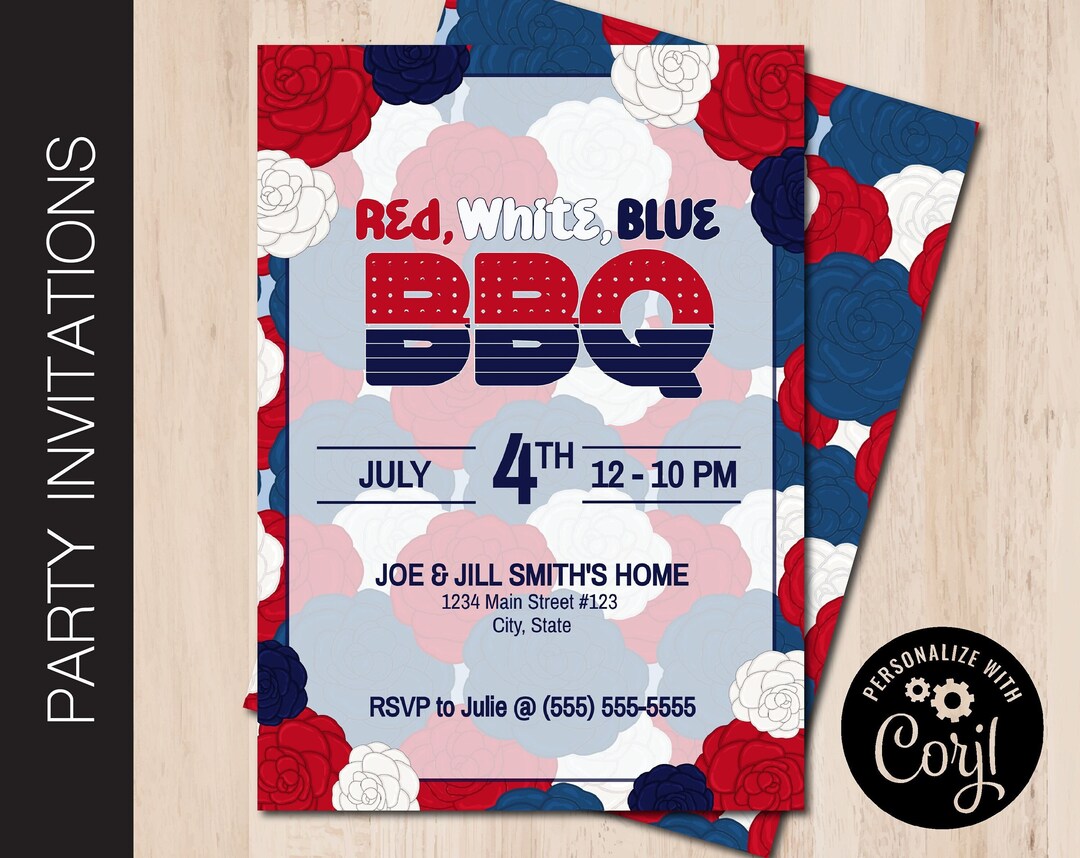 Editable RED White Blue BBQ Party Invitation | July 4th | Memorial Day ...