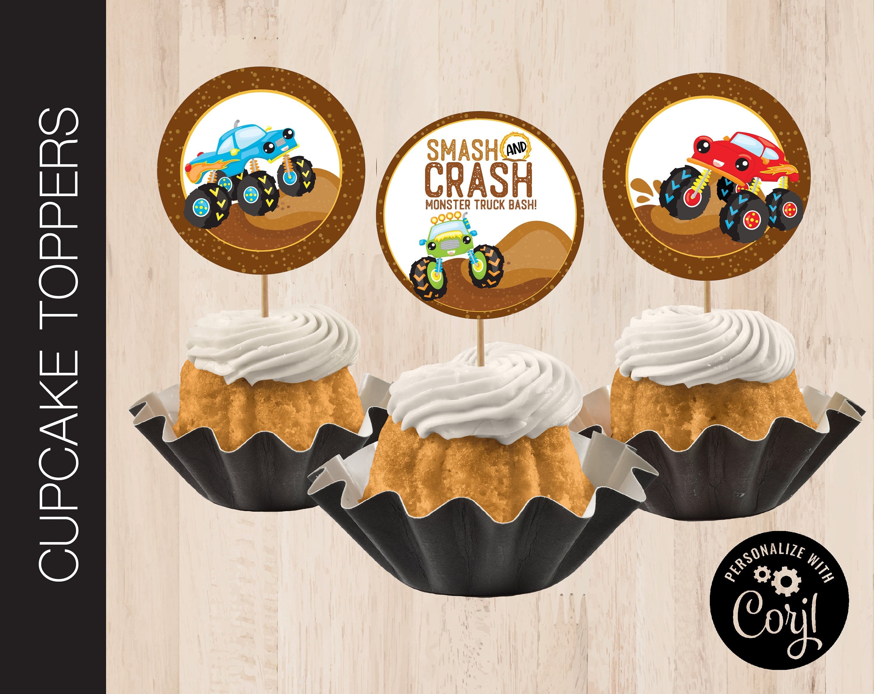 Editable MONSTER TRUCK Party Cupcake Topper Birthday 2.5-inch Cutouts ...