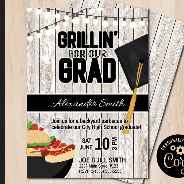 Editable GRILL for GRAD Party Invitation | Graduation Barbecue | BBQ Invite | 7 Cap Color | Print or Email Corjl Template 0060