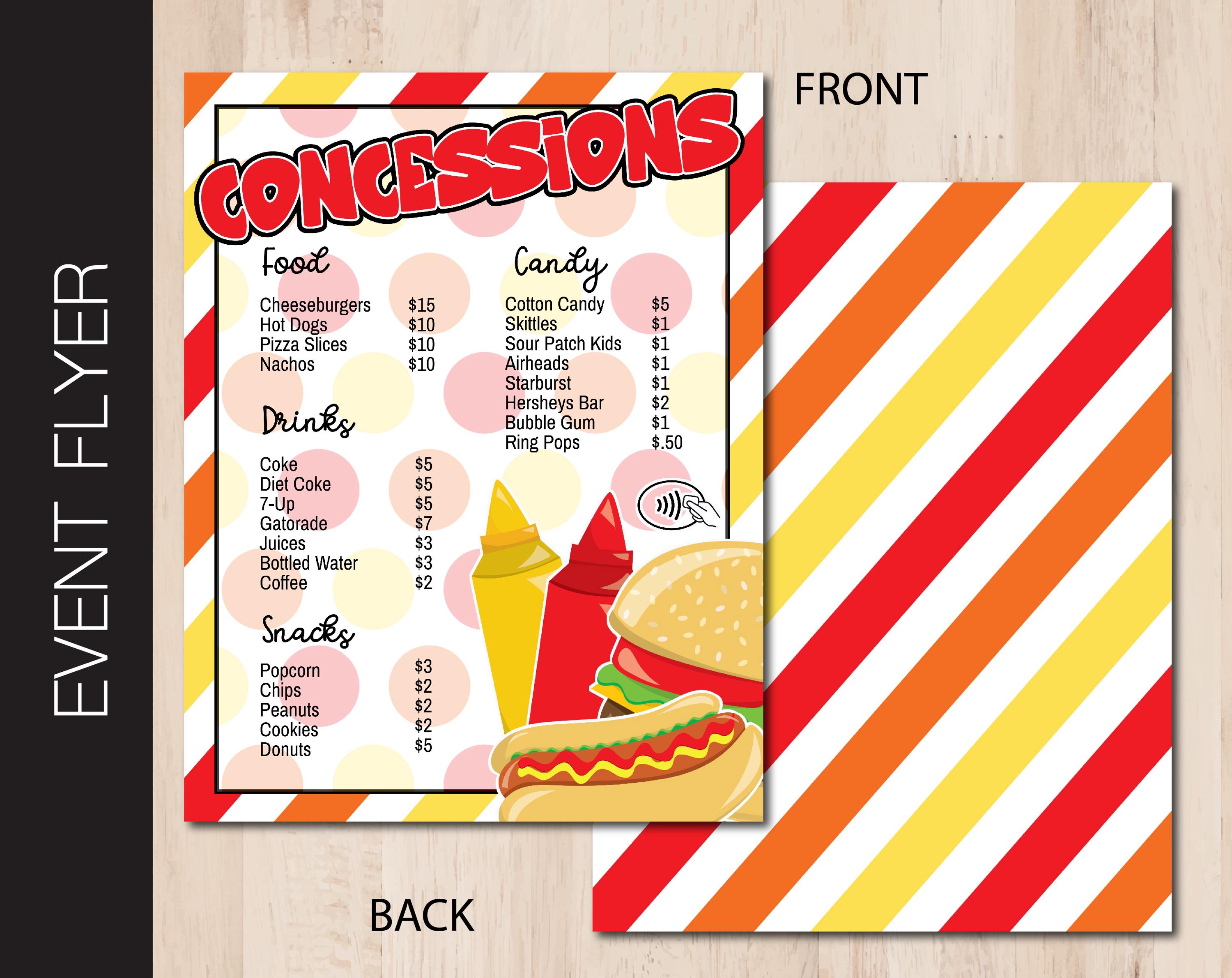 Editable Concessions Stand Flyer Snack Menu Street Food School