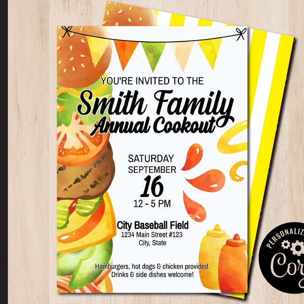 Editable COOKOUT Party Invitation | Backyard Barbecue | BBQ Invite | Family Reunion | Summer Bonfire | Print or Email Corjl Template 0061
