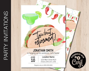 Editable TACO 'BOUT RETIREMENT Party Invitation | Retirement Bash | Retirement Celebration Invite | Print or Email Corjl Template 0124