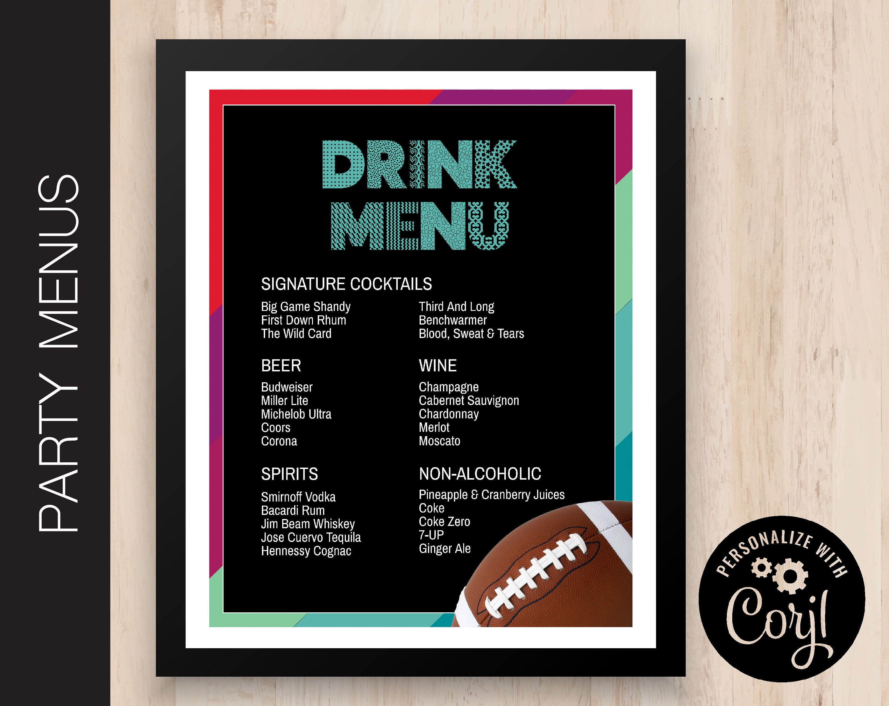 Editable FOOTBALL Party Bar Menu Game Day Drink Sign Big Game Cocktail ...