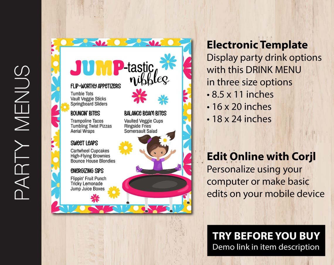 Editable JUMP Party Menu | Food Menu | Drink Sign | Concessions | Kid ...