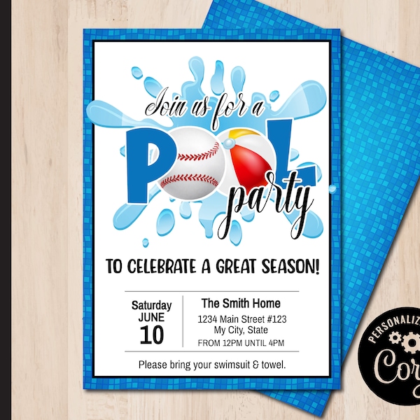 Editable BASEBALL Themed Pool Party Invitation | Baseball Party Invite | Pool Party | Baseball Team Party | Print or Email Corjl 0111