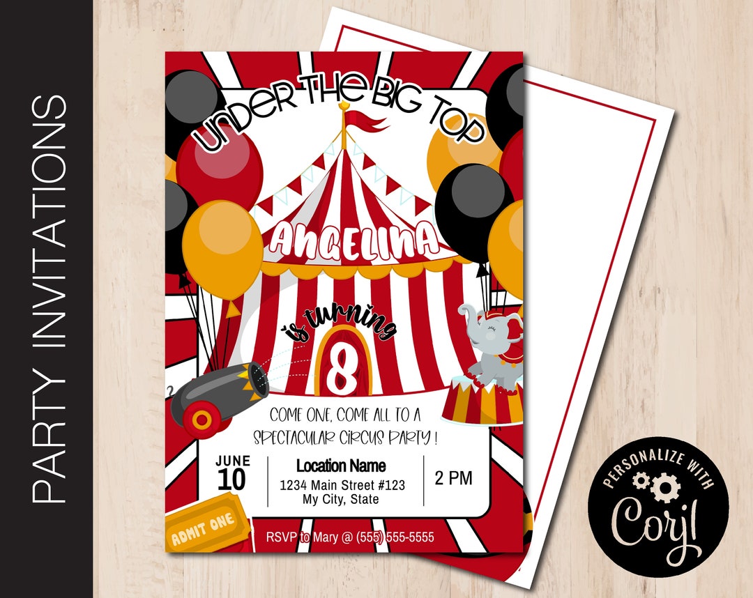 Editable CIRCUS Party Invitation Big Top Kids Party Circus Birthday ...