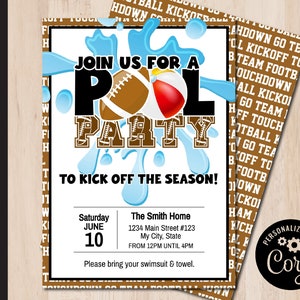 Editable FOOTBALL Themed Pool Party Invitation | Football Party Invite | Pool Party | Football Team Party | Print or Email Corjl 0111